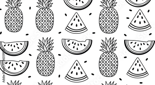 A whimsical pattern of pineapples and watermelon slices with black dots.