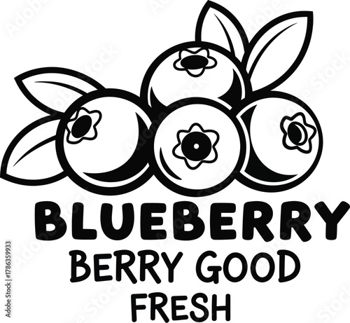 A stylized illustration of blueberries with the words 'BLUEBERRY BERRY GOOD FRESH' below them.