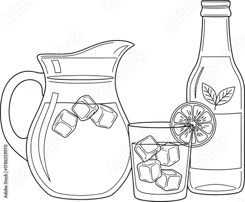A pitcher of iced beverage sits next to a glass and a bottled drink with a lemon slice.