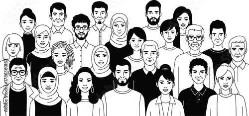 A diverse group of people are depicted in a stylized black and white illustration.