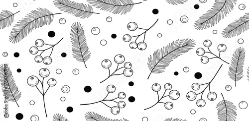 Elegant hand-drawn seamless pattern featuring winter berries and delicate pine branches, perfect for festive backgrounds, holiday greeting cards, or decorative textile and wrapping paper designs