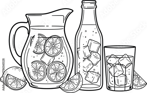 A pitcher of lemonade, a bottle of soda, and a glass of iced drink are displayed with lemons.
