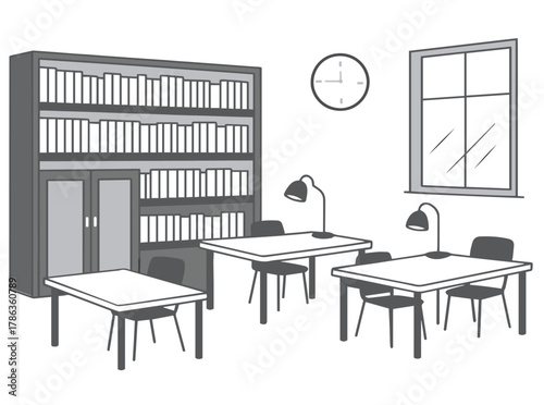 Library, table, chair and lamp vector icons