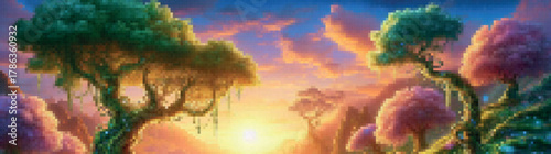 Pixel art landscape with a glowing sunset behind fantasy trees in pink, green, and blue tones. Atmospheric digital scene with vibrant light, detailed foliage, and dreamy evening sky.