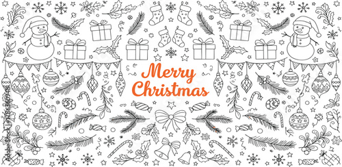 Festive Christmas doodle pattern with snowman, gifts, ornaments for winter holidays