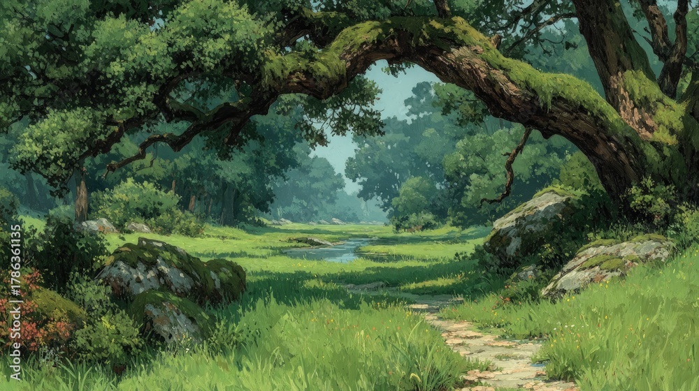 Fototapeta premium Lush forest glade with a meandering stream