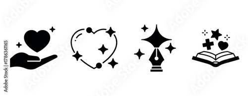Heart and creativity icons: hand, stars, pen, book with hearts and stars