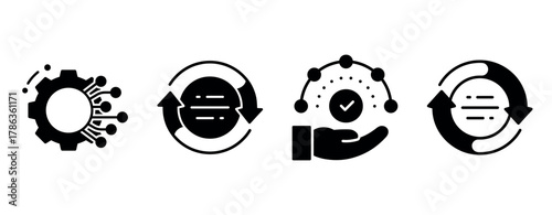 Set of black icons: technology, process, management, efficiency