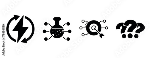 Energy cycle, chemical reaction, target focus, question mark icons in black and white