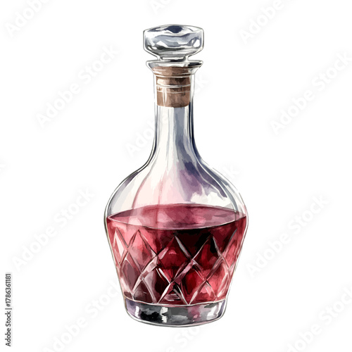 Watercolor Crystal Glass Decanter with Red Wine Clipart Vector
