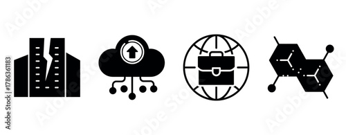 Set of technology icons: vest, cloud storage, global business, and molecule structure
