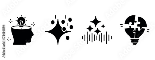Creative icons: head with lightbulb, sparkles, sound waves, puzzle bulb