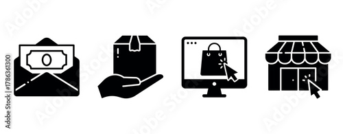 E-commerce icons: payment, shipping, online shopping, retail store in black and white