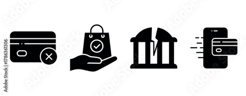 Set of icons: credit card decline, secure shopping, bank collapse, mobile payment