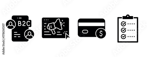B2c marketing icons: customer engagement, advertising, payment, checklist