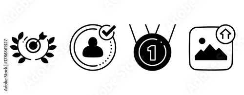 Set of four black and white icons: award, profile, medal, image upload