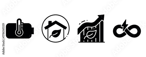 Eco-friendly energy icons: sustainability, efficiency, growth, and renewable symbols