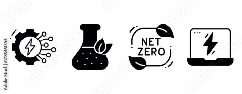 Symbols of renewable technology and sustainability: energy, ecology, net zero, computing