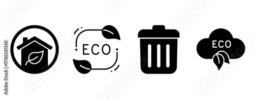Eco-friendly icons: home, recycling, trash can, and cloud leaf symbols