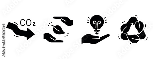 Sustainable icons: co2 reduction, plant protection, innovation, recycling