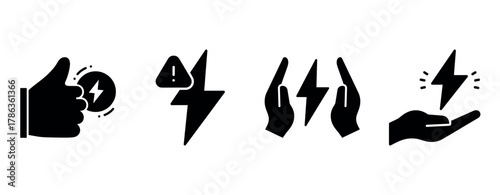 Various black electric symbols including lightning bolt and hand gestures on white background