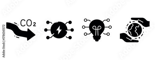 Black icon set illustrating sustainability and energy solutions