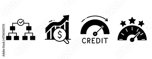 Financial growth and credit rating icons: charts, analysis, and progress