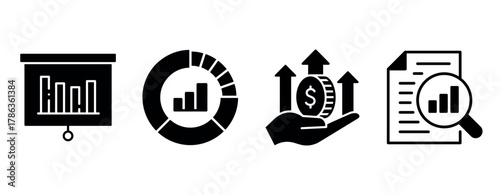Business analytics icons: charts, graphs, and financial growth symbols