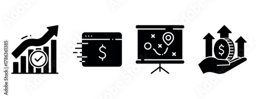 Business growth icons: financial progress, online payment, strategy, profit