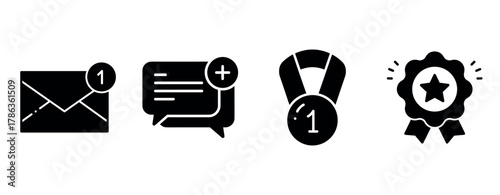 Email notification, message alert, first place medal, achievement badge icons