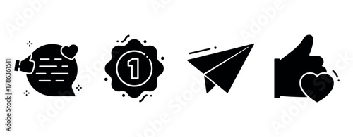Social media icons: thumbs up, badge, paper plane, heart
