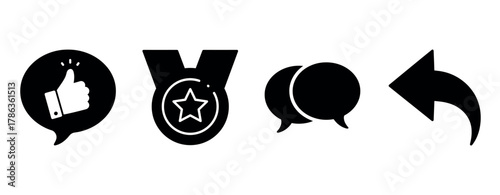 Icons of thumbs up, medal, chat, and back arrow in black silhouette