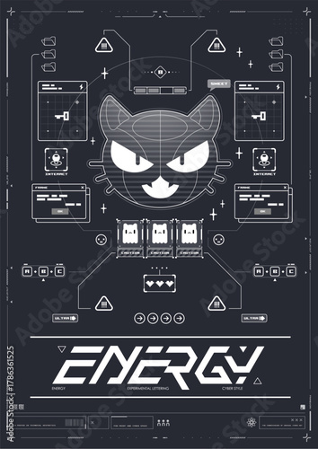 Futuristic UI with robotic cat face, experimental panels, and cyberpunk control elements.