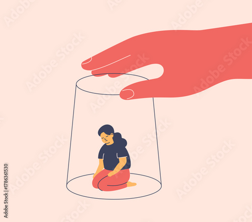 adult's hand covered a sad child with a glass. Restriction of children's rights and freedoms, parental control and guardianship. Creating comfort and protecting kids. vector illustration