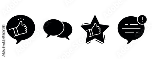 Thumbs up icons and speech bubbles in black and white style