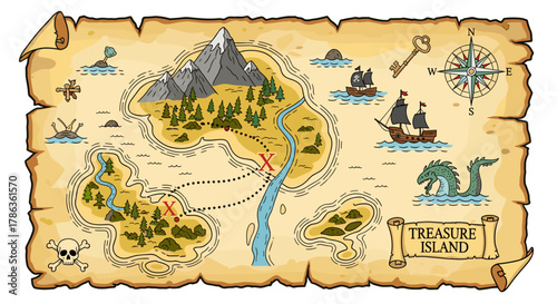 Pirate Treasure Map with Island Ship Sea Monster and Key Isolated on Transparent Background