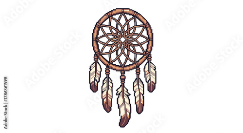 Pixel Art Dreamcatcher Native American Symbol of Protection Peaceful Dreams Isolated on Transparent Background Artistic Craft