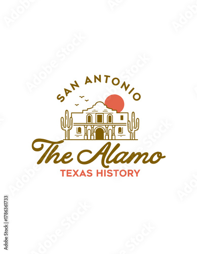 Fotografie Historical alamo building illustration with cacti and sun symbol on transparent
