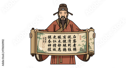 Ancient Chinese Scholar Holds Traditional Scroll with Calligraphy and Nature Art Isolated on Transparent Background