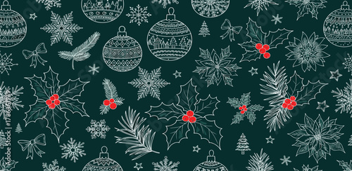 Festive Holiday Pattern Christmas Baubles, Holly, and Snowflakes on a Dark Green Background
