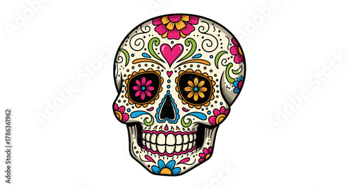 Traditional Sugar Skull Art Festive Dia de los Muertos Celebration Face Isolated on Transparent Background