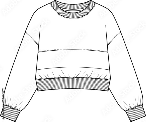Cropped sweatshirt, puffed hem top, voluminous sleeve garment, crew neck fashion, ribbed cuff illustration, technical sketch, trendy apparel vector, design template