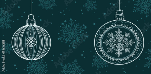 Festive Christmas baubles adorned with delicate snowflake patterns set against a deep teal background with scattered frost accents