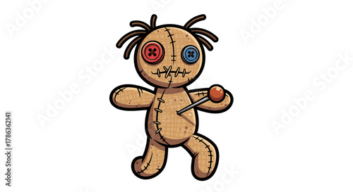 Scary Voodoo Doll with Red and Blue Eyes and Pin Stabbed Isolated on Transparent Background for Halloween Concept