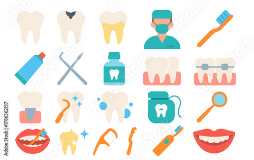 Dental Care Flat Icons Set — Dentist Tools, Teeth Hygiene, and Oral Health