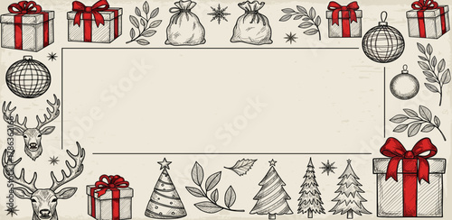 Elegant Vintage Christmas Frame Design Adorned with Traditional Winter Holiday Decorations and Gifts, Perfect for Seasonal Greetings and Festive Invitations