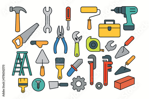Repair and Construction Tools Icons Set — Hand Tools, Power Tools, and Building Equipment
