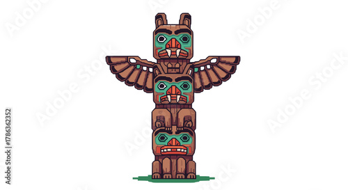 Detailed Indigenous Totem Pole with Ancient Tribal Symbols Isolated on Transparent Background