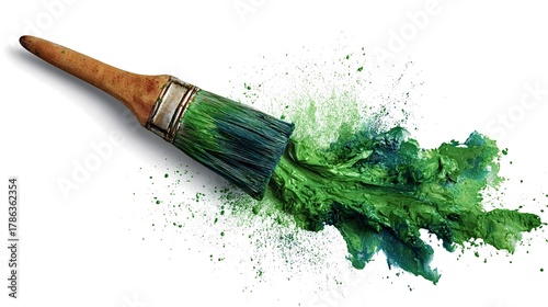 Paintbrush spreading textured green paint in an energetic splash, representing creativity, artistic expression, and environmental concepts against a clean white backdrop
