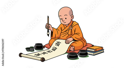 Young Buddhist monk writing calligraphy on scroll with ink pots and books isolated on transparent background peaceful artistic tradition